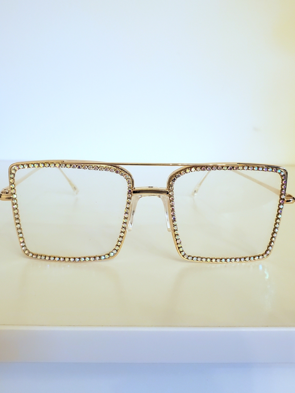 Gold Square Iridescent Rhinestone Rim Women's Glasses No Rx
